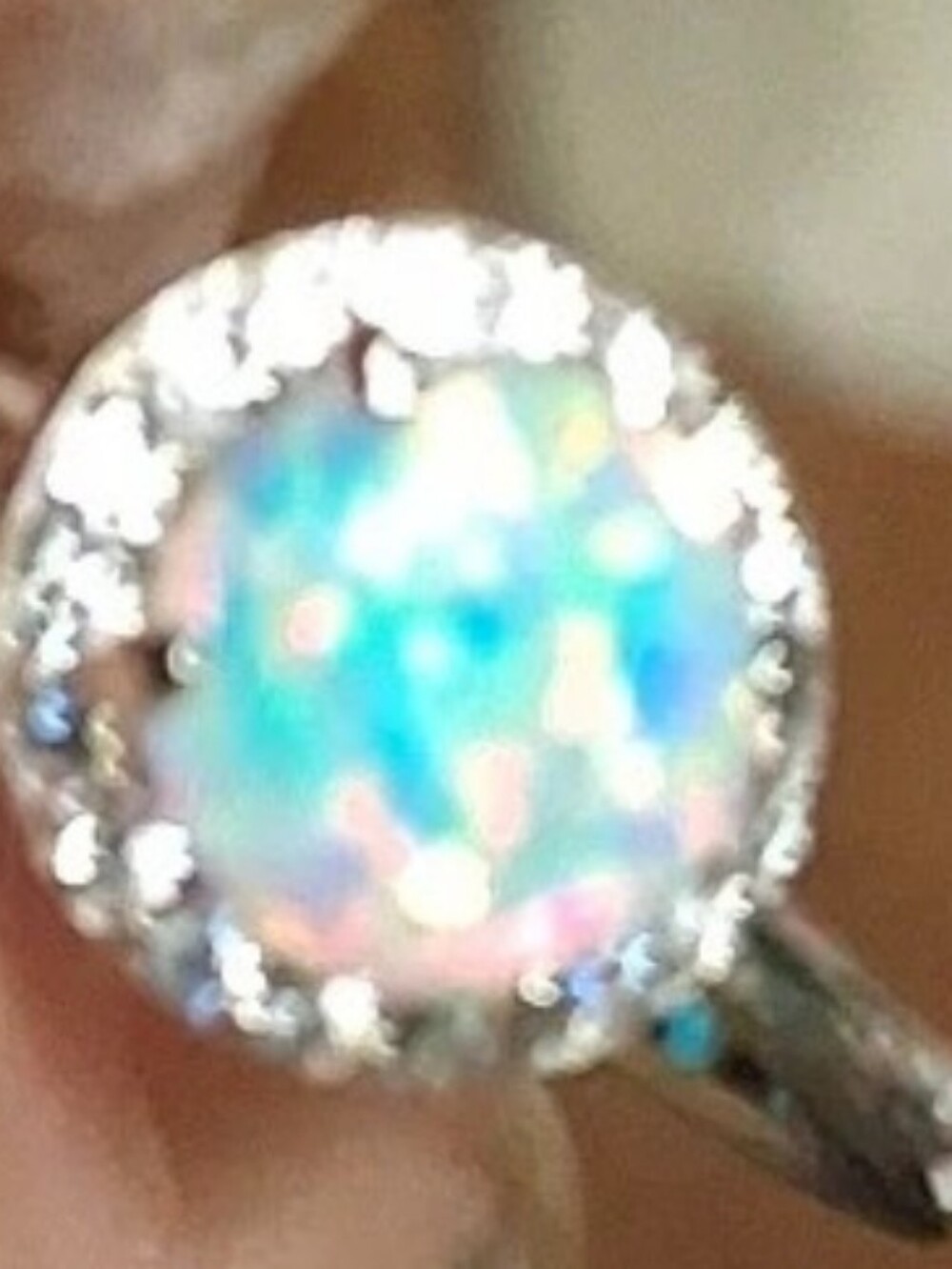 Round Blue Opal Halo Ring - 925 Silver Size 9